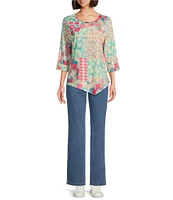Allison Daley Spring Patchwork Print 3/4 Sleeve Keyhole Neck Asymmetric Hem Knit Top