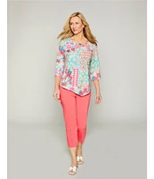 Allison Daley Spring Patchwork Print 3/4 Sleeve Keyhole Neck Asymmetric Hem Knit Top