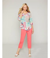 Allison Daley Spring Patchwork Print 3/4 Sleeve Keyhole Neck Asymmetric Hem Knit Top
