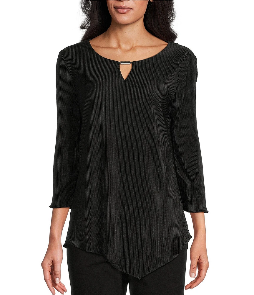 Allison Daley 3/4 Sleeve Keyhole Neck Asymmetric Hem Pleated Knit Top