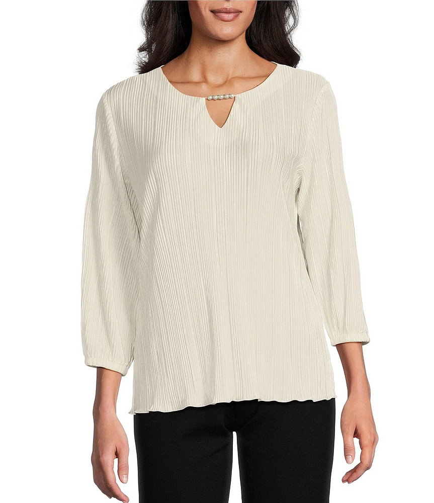 Allison Daley 3/4 Sleeve Keyhole Neck Pearl Chain Pleated Knit Top