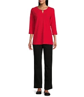 Allison Daley 3/4 Sleeve Keyhole Neck Spaced Ottoman Knit Top