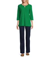 Allison Daley 3/4 Sleeve Keyhole Neck Spaced Ottoman Knit Top