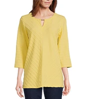 Allison Daley 3/4 Sleeve Keyhole Neck Spaced Ottoman Knit Top