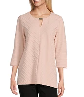 Allison Daley 3/4 Sleeve Keyhole Neck Spaced Ottoman Knit Top