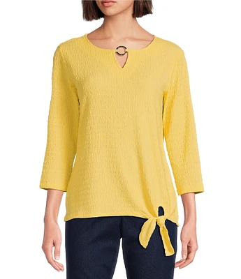 Allison Daley 3/4 Sleeve Keyhole Neck Tie Hem Seersucker Knit Top