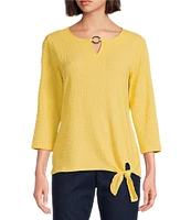 Allison Daley 3/4 Sleeve Keyhole Neck Tie Hem Seersucker Knit Top