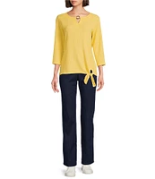 Allison Daley 3/4 Sleeve Keyhole Neck Tie Hem Seersucker Knit Top