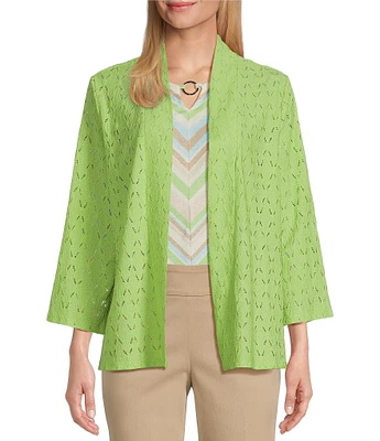 Allison Daley 3/4 Sleeve Open Front Crepe Eyelet Knit Cardigan