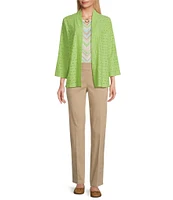 Allison Daley 3/4 Sleeve Open Front Crepe Eyelet Knit Cardigan