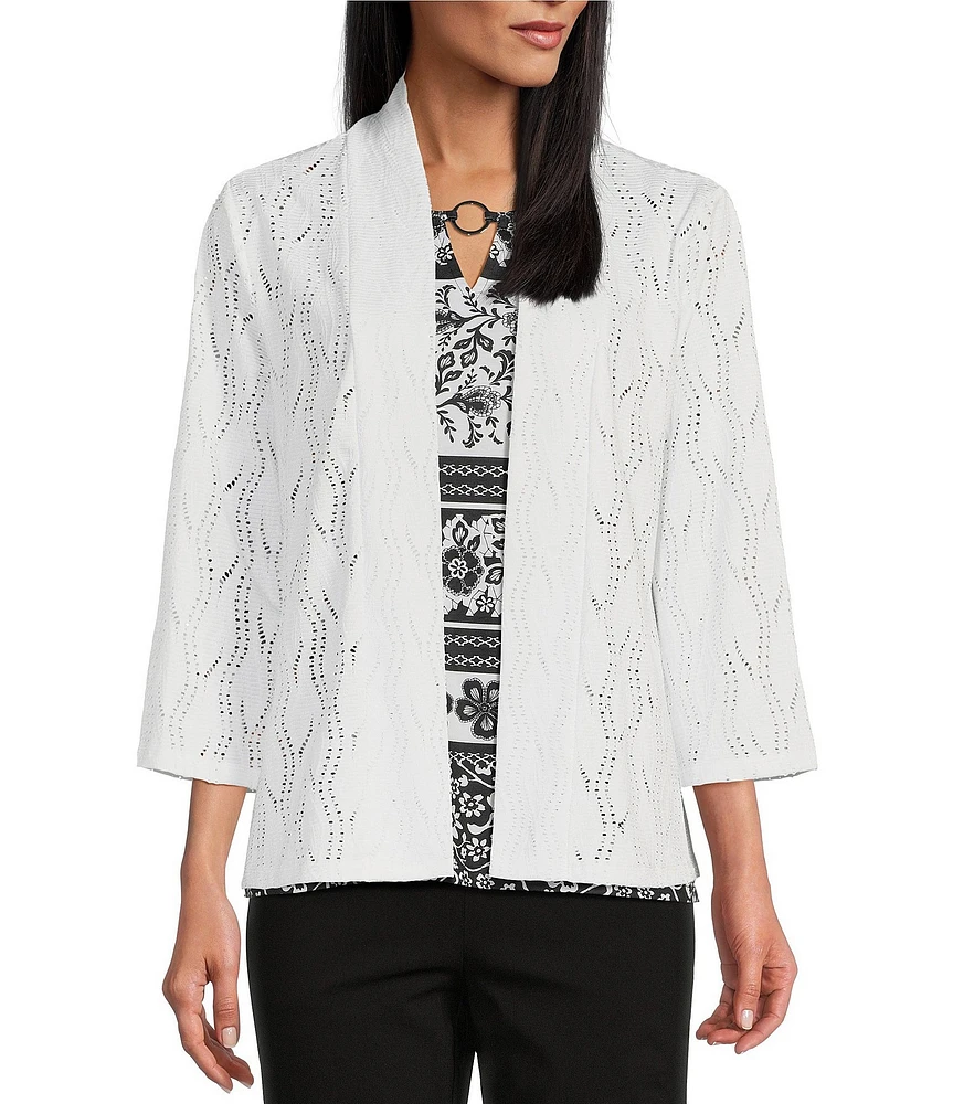 Allison Daley 3/4 Sleeve Open-Front Wave Eyelet Knit Cardigan