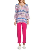 Allison Daley 3/4 Tie Sleeve Keyhole Neck Blouse