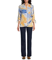 Allison Daley 3/4 Tie Sleeve Y-Neck Button Front Knit Top