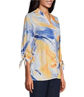 Allison Daley 3/4 Tie Sleeve Y-Neck Button Front Knit Top