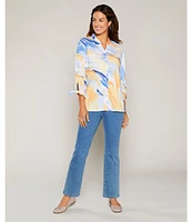 Allison Daley 3/4 Tie Sleeve Y-Neck Button Front Knit Top