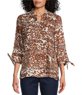 Allison Daley Abstract Print 3/4 Tie Sleeve Y-Neck Button Front Peached Twill Blouse