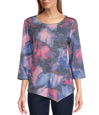 Allison Daley Abstract Canvas Print 3/4 Sleeve Crew Neck Asymmetric Hem Knit Top