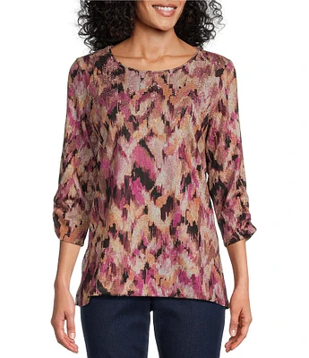 Allison Daley Abstract Herringbone Print Embellished 3/4 Ruched Sleeve Crew Neck Abstract Tee Shirt