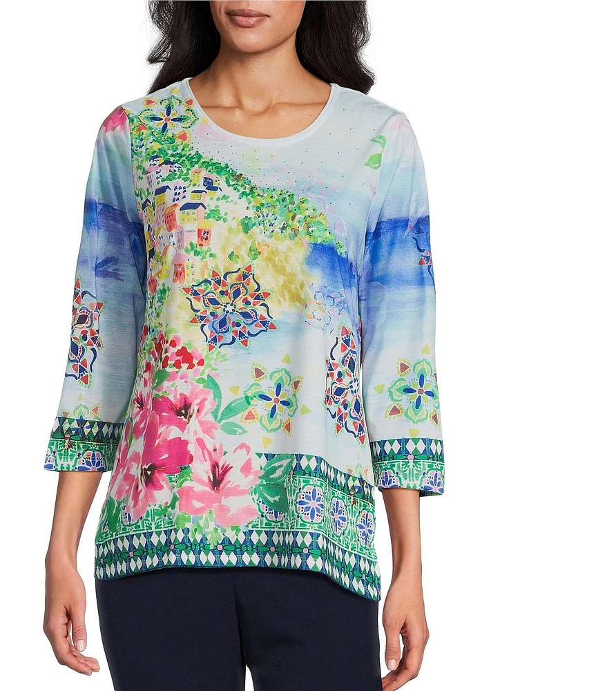 Allison Daley Amalfi Coast Print 3/4 Sleeve Crew Neck Knit Top