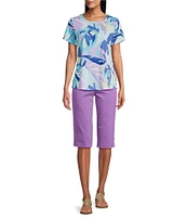 Allison Daley Amethyst Palm Short Sleeve Crew Neck Knit Top