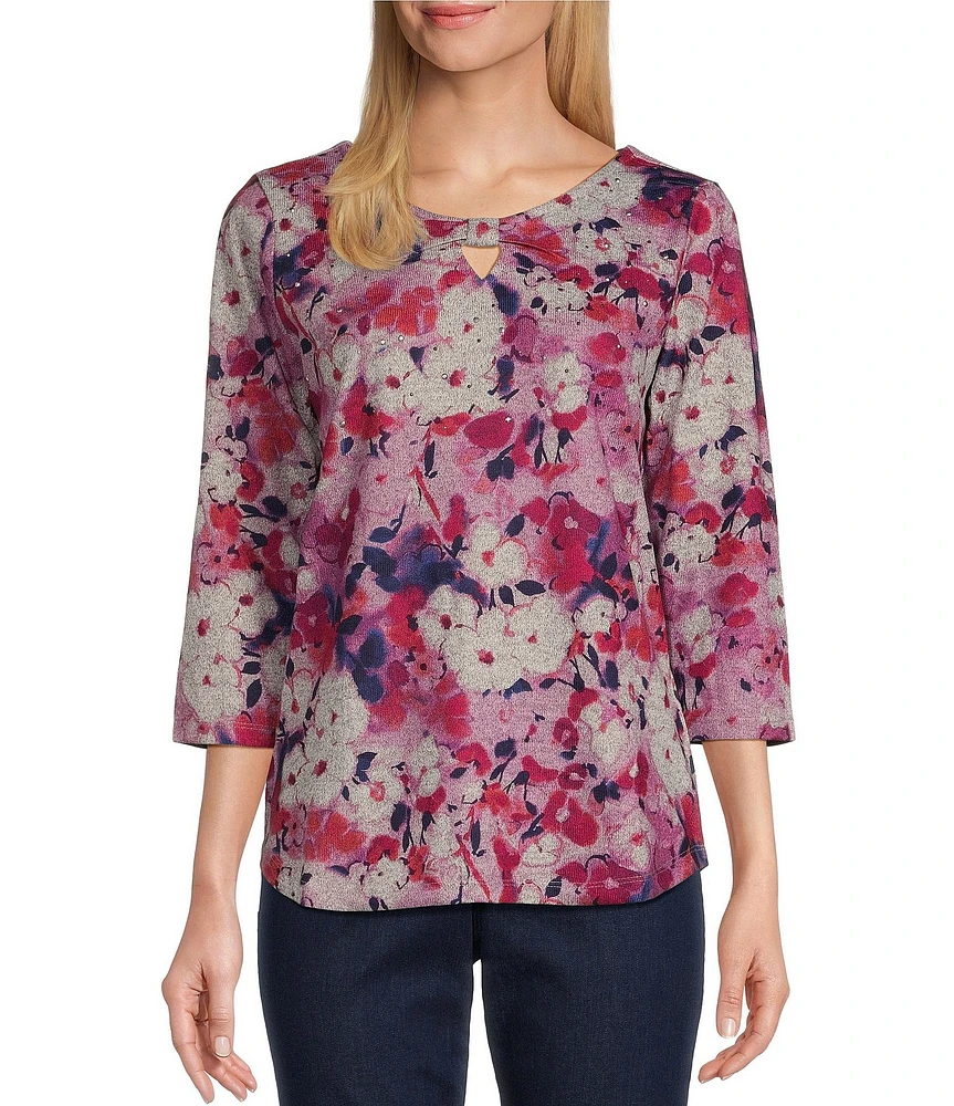 Allison Daley Apple Blooms Print 3/4 Sleeve Keyhole Neck Knot Knit Top