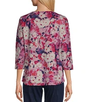 Allison Daley Apple Blooms Print 3/4 Sleeve Keyhole Neck Knot Knit Top