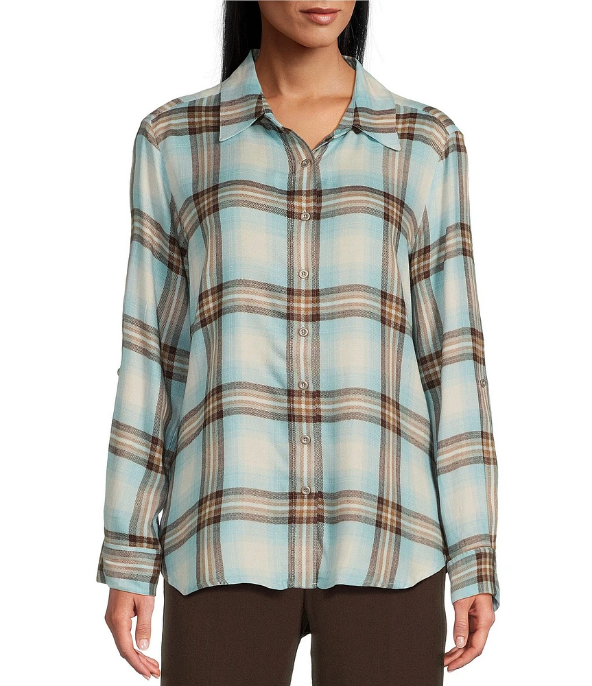 Allison Daley Aqua Mist Plaid Print 3/4 Roll Tab Sleeve Point Collar Button Front Shirt