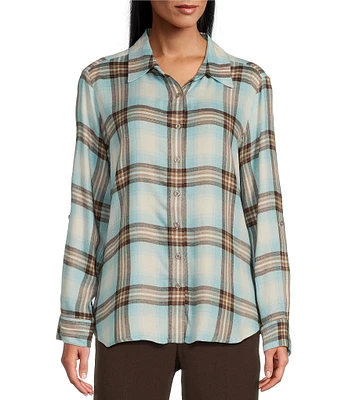 Allison Daley Aqua Mist Plaid Print 3/4 Roll Tab Sleeve Point Collar Button Front Shirt