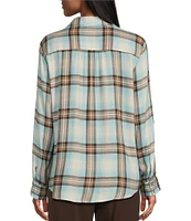 Allison Daley Aqua Mist Plaid Print 3/4 Roll Tab Sleeve Point Collar Button Front Shirt