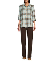 Allison Daley Aqua Mist Plaid Print 3/4 Roll Tab Sleeve Point Collar Button Front Shirt