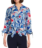 Allison Daley Beach Umbrella Print 3/4 Tie Sleeve Y-Neck Tie Hem Blouse