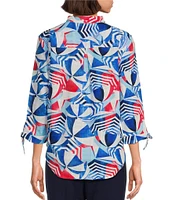 Allison Daley Beach Umbrella Print 3/4 Tie Sleeve Y-Neck Tie Hem Blouse
