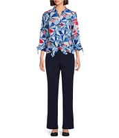 Allison Daley Beach Umbrella Print 3/4 Tie Sleeve Y-Neck Tie Hem Blouse