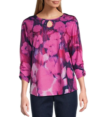 Allison Daley Blended Ikat Floral 3/4 Sleeve Keyhole Neck Knit Top