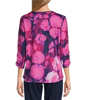 Allison Daley Blended Ikat Floral 3/4 Sleeve Keyhole Neck Knit Top