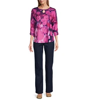 Allison Daley Blended Ikat Floral 3/4 Sleeve Keyhole Neck Knit Top