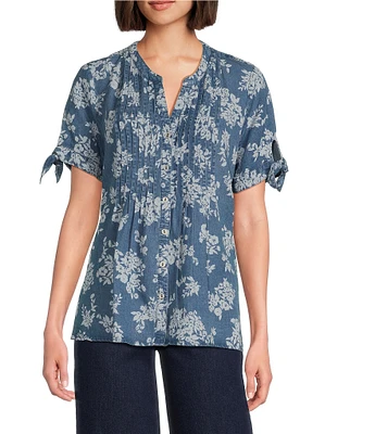 Allison Daley Blooming Flowers Print Short Tie Sleeve Y-Neck Button-Front Pintuck Blouse