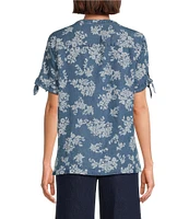 Allison Daley Blooming Flowers Print Short Tie Sleeve Y-Neck Button-Front Pintuck Blouse