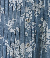 Allison Daley Blooming Flowers Print Short Tie Sleeve Y-Neck Button-Front Pintuck Blouse
