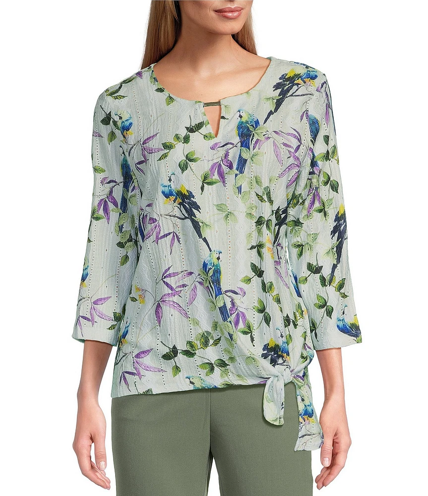 Allison Daley Botanical Song Print 3/4 Sleeve Keyhole Neck Tie Hem Eyelet Jacquard Knit Top