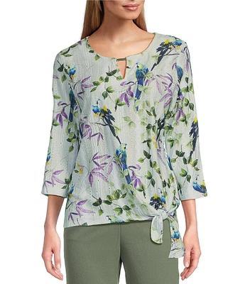 Allison Daley Botanical Song Print 3/4 Sleeve Keyhole Neck Tie Hem Eyelet Jacquard Knit Top