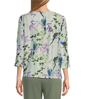 Allison Daley Botanical Song Print 3/4 Sleeve Keyhole Neck Tie Hem Eyelet Jacquard Knit Top