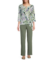 Allison Daley Botanical Song Print 3/4 Sleeve Keyhole Neck Tie Hem Eyelet Jacquard Knit Top