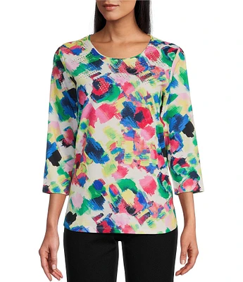 Allison Daley Brush Stroke Print 3/4 Sleeve Crew Neck Knit Top