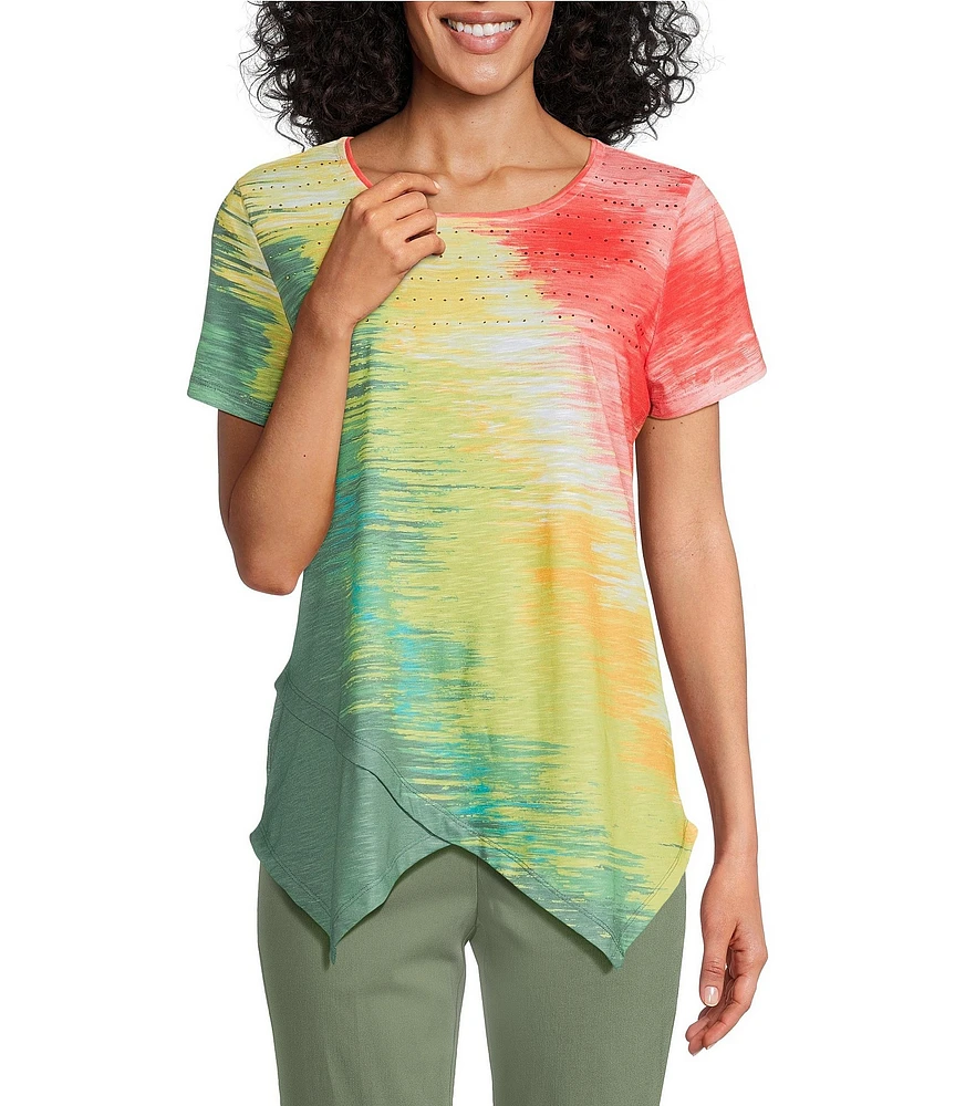 Allison Daley Brushstroke Ombre Print Short Sleeve Crew Neck Handkerchief Hem Slub Jersey Knit Top