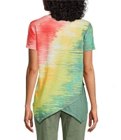 Allison Daley Brushstroke Ombre Print Short Sleeve Crew Neck Handkerchief Hem Slub Jersey Knit Top