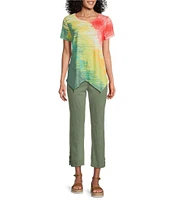Allison Daley Brushstroke Ombre Print Short Sleeve Crew Neck Handkerchief Hem Slub Jersey Knit Top