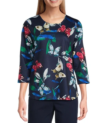 Allison Daley Butterfly Print 3/4 Sleeve Crew Neck Knit Top