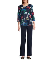 Allison Daley Butterfly Print 3/4 Sleeve Crew Neck Knit Top