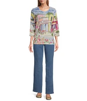 Allison Daley Cafe Social Print 3/4 Sleeve Crew Neckline Knit Top